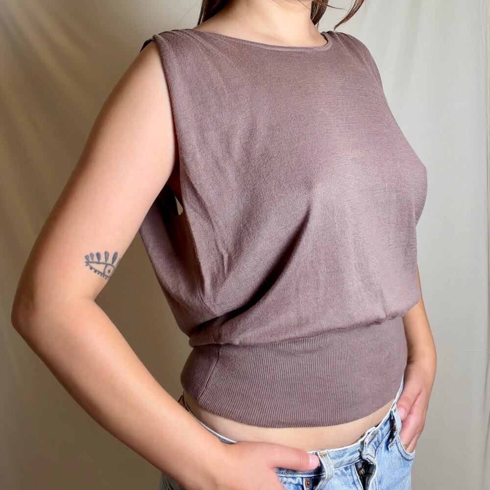 Mauve brown fine-knit open-back top with boat neckline.
